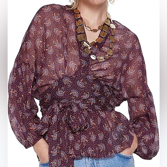 ZARA TIED PRINTED WRAP BLOUSE w/Bow (L) - Picture 5 of 8